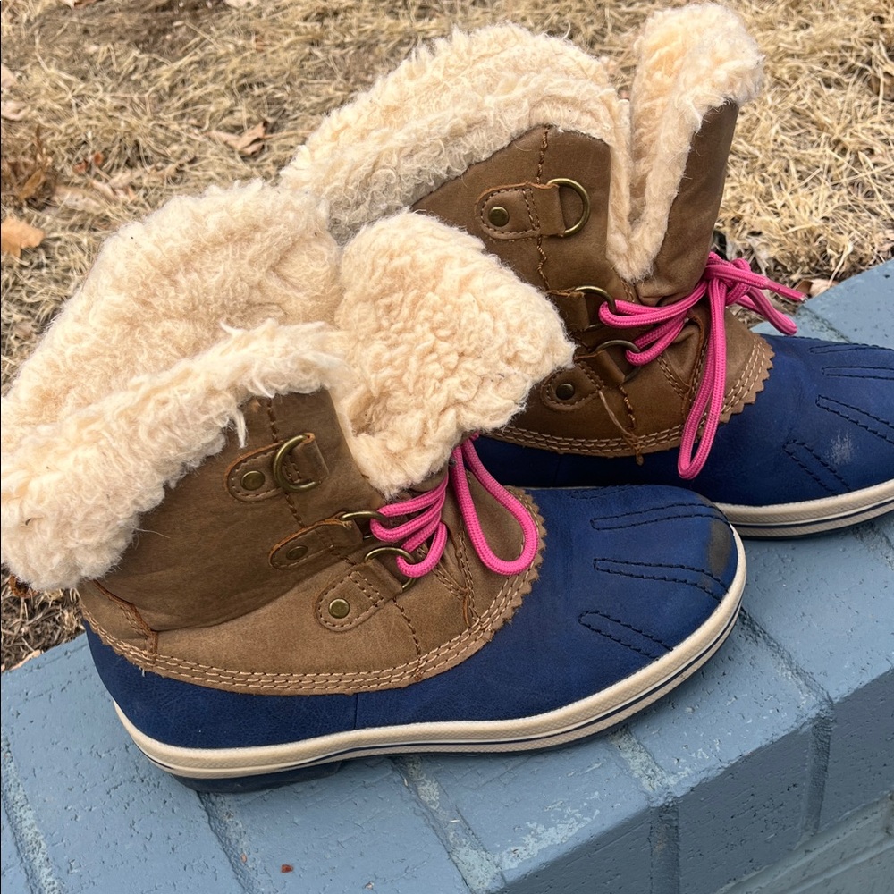 BearPaw Brown and Blue Kids Boots with Pink Laces